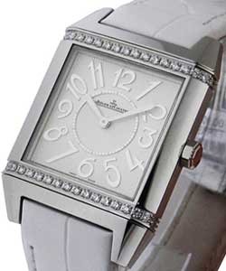 Lady's Reverso Squadra in Steel with Diamond Bezel On White Leather Strap with Silver Arabic Dial