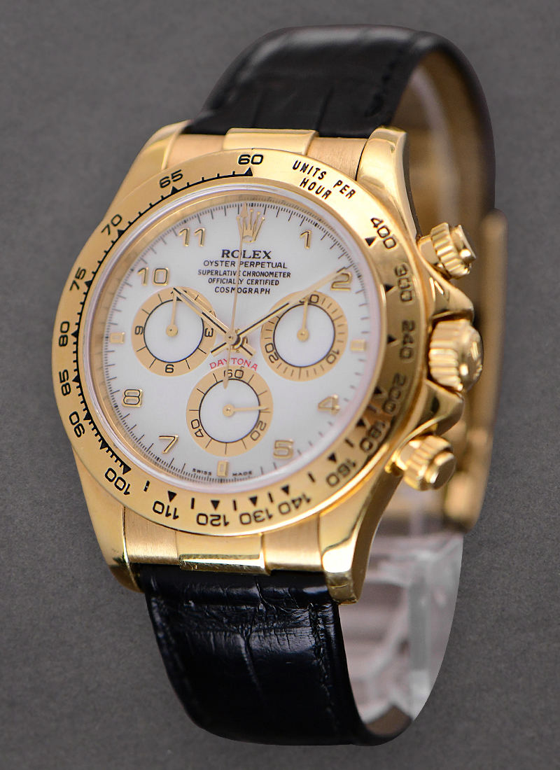 Pre-Owned Rolex Daytona Cosmograph in Yellow Gold on Strap with White Arabic Dial