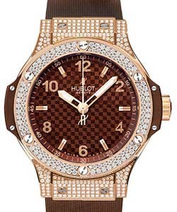Big Bang Cappuccino 38mm in Rose Gold with Diamond Bezel on Brown Rubber Strap with Chooclate Carbon Dial