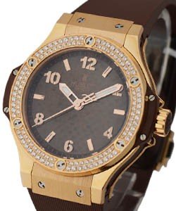 Big Bang Cappuccino in Rose Gold with 2 Row Diamond Bezel on Brown Rubber Strap with Brown Arabic Dial
