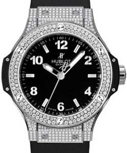 Big Bang 38mm in Steel with Diamond Bezel on Black Rubber Strap with Black Dial -Full Diamond Case