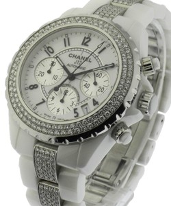 J12 Chronograph 41mm Automatic in White Ceramic with Diamond Bezel on White Ceramic Diamond Bracelet with White Dial