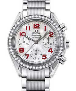 Speedmaster Chronograph 35.5mm in Steel with Diamond Bezel on Steel Bracelet with MOP Red Arabic Numerals Dial