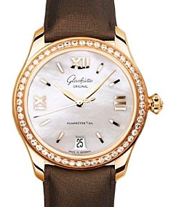 Lady Serenade 36mm Automatic in Rose Gold with Diamond Bezel on Brown Satin Strap with MOP Dial