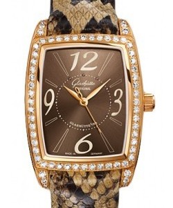 Lady Serenade Karree 30mm Automatic in Rose Gold with Diamond Bezel on Brown Snake Skin Leather Strap with Brown Dial