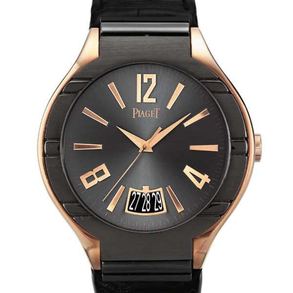 Polo Large in Rose Gold on Black Crocodile Leather Strap with Black Dial