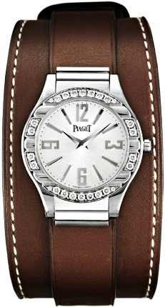 Polo Lady's Size in White Gold with Diamond Bezel on Brown Calfskin Leather Strap with White Dial