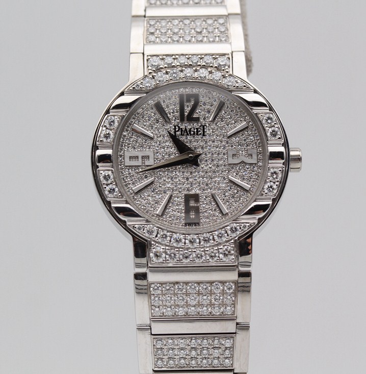 Polo Small in White Gold with Diamond Bezel on White Gold Diamond Bracelet with Pave Diamond Dial