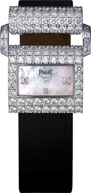 Miss Protocole XL in White Gold  with Diamond Bezel on Black Satin Strap with White MOP Diamond Dial