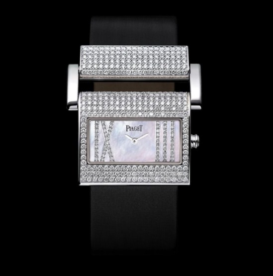 Miss Protocole XL in White Gold with Pave Diamond Bezel on Black Satin Strap with White MOP Diamond Dial