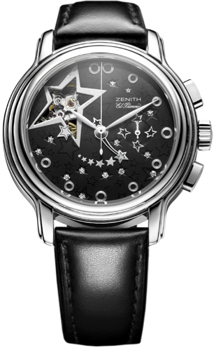 Star Open Star in Steel on Black Calfskin Leather Strap with Black Dial