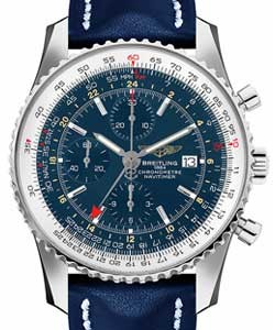 Navitimer World Chronograph 46mm in Steel on Blue Calfskin Leather Strap with Blue Dial