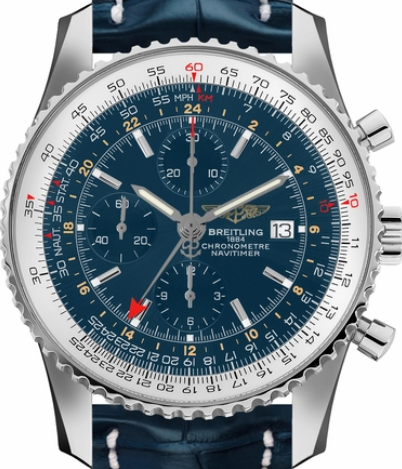 Navitimer World Chronograph 46mm in Steel on Blue Crocodile Leather Strap with Blue Dial