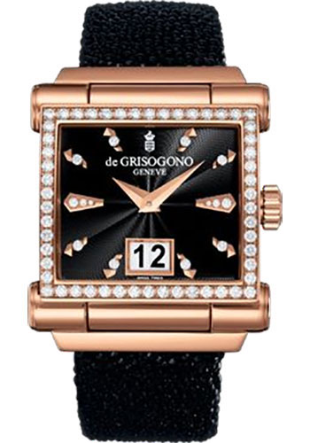 Grande S06 41.1mm Automatic in Rose Gold with Diamond Bezel on Black Galuchat Strap with Black Guilloche Dial
