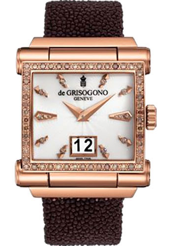 Grande S11 41.1mm Automatic in Rose Gold with Brown Diamond Bezel on Brown Galuchat Strap with White Guilloche Diamond Dial