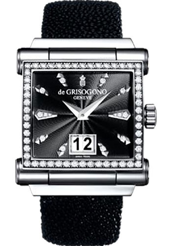 Grande S01 41.1mm in White Gold with Diamond Bezel on Black Galuchat Strap with Black Guilloche Dial