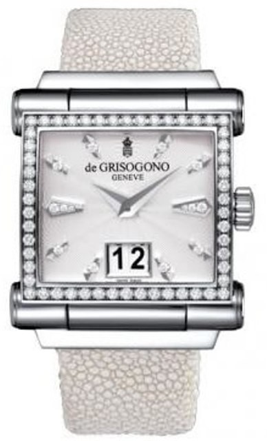 Grande S02 41.1mm Automatic in White Gold with Diamond Bezel on White Galuchat Strap with White Guilloche Dial