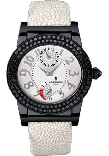 Instrumento Tondo 38.5mm Automatic in White Gold & PVD with 2 Row Black Diamond Bezel on White Galuchat Strap with White Dial