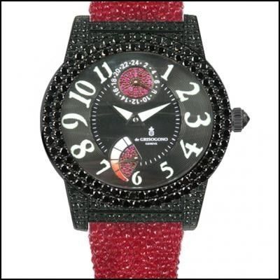 Instrumento Tondo 38.5mm Automatic in White Gold,PVD with 2 Row Black Diamond Bezel and Lugs on Red Galuchat Strap with Black Dial