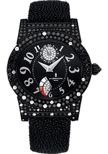 Instrumento Tondo 38.5mm in White Gold, PVD with 2 Row Black Diamond Bezel and Lugs on Black Galuchat Strap with Black Diamond Dial