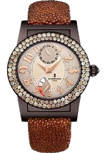 Instrumento Tondo 38.5mm Automatic in White Gold, PVD with 2 Row Diamond Bezel on Brown Galuchat Strap with Beige Dial