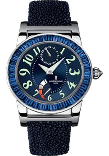 Instrumento Tondo 38.5mm Automatic in White Gold with Baguette Sapphire Bezel on Blue Galuchat Strap with Blue Dial