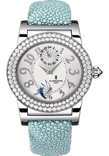 Instrumento Tondo 38.5mm Automatic in White Gold with 2 Row Diamond Bezel on Light Blue Galuchat Strap with Silver Diamond Dial