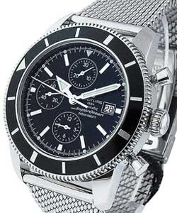 Superocean Heritage Chronograph in Steel with Black Bezel on Steel Mesh Bracelet with Black Dial