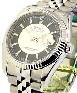 Datejust in Steel with White Gold Fluted Bezel on Steel Jubilee Bracelet with Black and Silver Dial