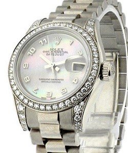 Ladies President in White Gold with Diamond Bezel on White Gold President Bracelet with Black MOP Arabic Dial