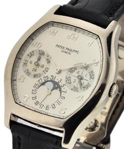 5040G Perpetual Calendar - Tonneau Shape in White Gold  on Black Crocodile Leather Strap with Silver Dial