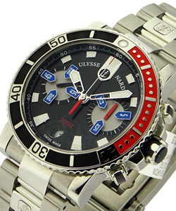 Maxi Marine Diver Chronograph in Steel Steel on Bracelet  with Black Dial and Red Accents