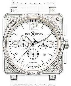 BR 01-94 Chronograph with Pave Diamond Case Steel on Leather Strap with White Dial 