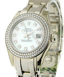 Lady's Masterpiece in White Gold with 2 Row Diamond Bezel on White Gold Pearlmaster Bracelet with Mother of Pearl Diamond Dial