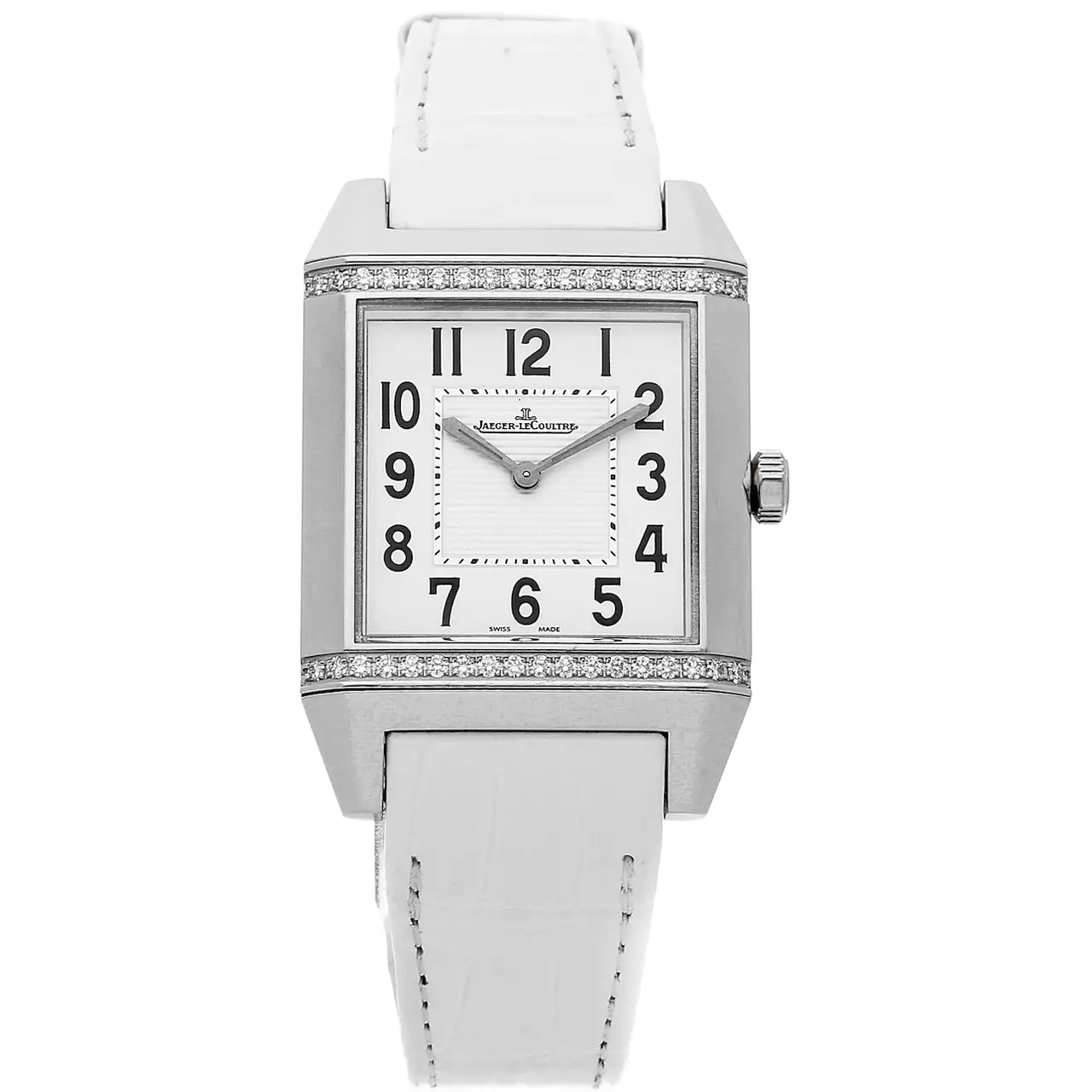 Ladys Reverso Squadra Classic in Steel with Diamond Bezel On White Leather Strap with White Dial