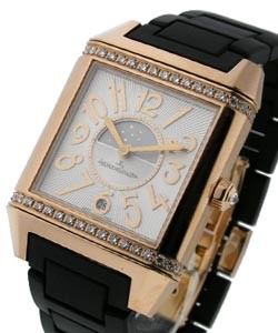 Reverso Squadra Lady Duetto in Rose Gold with Diamond Bezel on Black Rubber Strap with White Dial