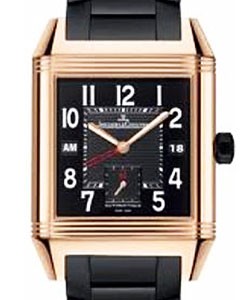 Reverso Squadra Hometime in Rose Gold on Black Rubber Strap with Black Dial