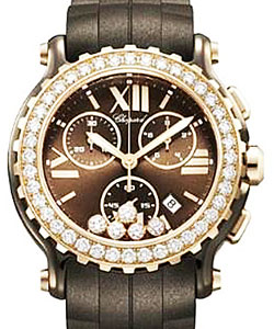 Happy Sport Round in Rose Gold with Diamond Bezel on Brown Rubber Strap with Brown Dial