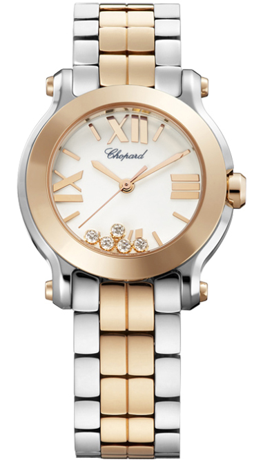 Happy Sport Round 30mm in Steel and Rose Gold 2-Tone on Bracelet with White Dial and Floating Diamonds