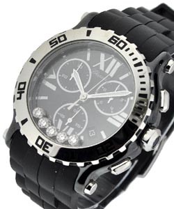 Happy Sport Round Chronograph in Steel on Black Rubber Strap with Black Dial