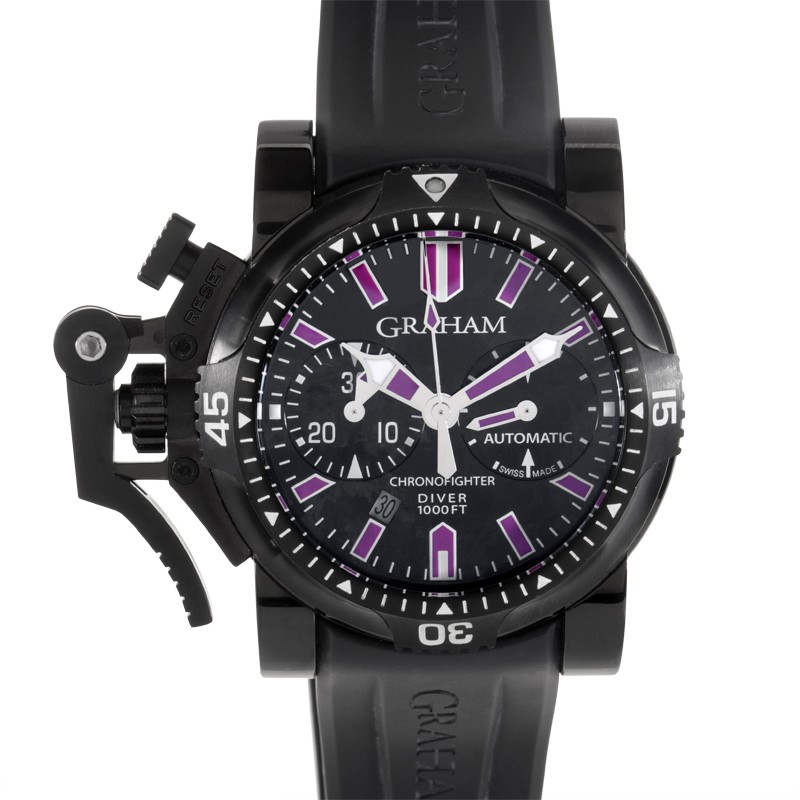 Chronofighter Oversize 47mm Automatic in Steel and PVD on Black Rubber Strap with Black with Purple Indices Dial