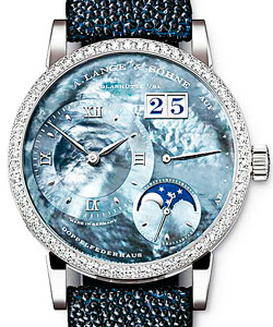 Little Lange 1 Moon Phase in White Gold Diamond Bezel on Blue Stingray Strap with Blue MOP Dial