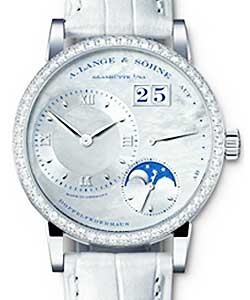 Little Lange 1 Moon Phase in White Gold with Diamond Bezel on White Crocodile Leather  Strap with Mother of Pearl Dial