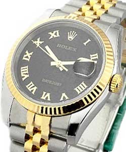 Datejust 36mm in Steel with Yellow Gold Fluted Bezel on Jubilee Bracelet with Black Jubilee Roman Dial