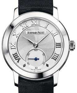 Jules Audemars Ladys in White Gold on Black Satin Strap w/ Silver Dial