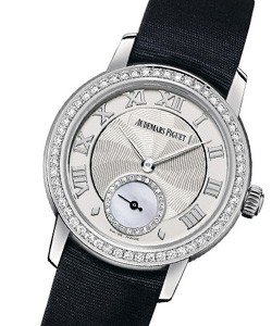 Jules Audemars Ladys in White Gold Diamond Bezel on Black Satin Strap with Silver Dial Skeleton Back