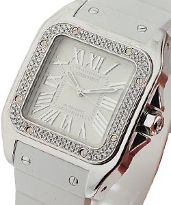 Santos 100 Mid-size - Diamond Bezel White Gold on Rubber with Silver Dial