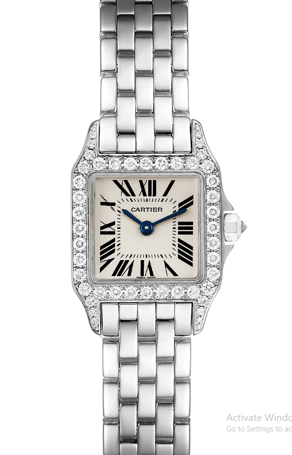 Santos Demoiselle Mini in White Gold with Diamond Bezel on White Gold Bracelet with White Roman Dial