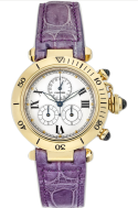 Pasha Chronograph in Yellow Gold on Purple Crocodile Leather Strap with Silver Dial