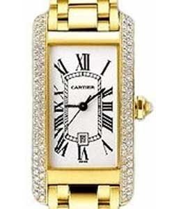 Tank Americaine Mid Size in Yellow Gold with Diamonds on Yellow Gold Bracelet with Silver with Roman Dial